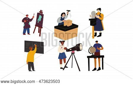 Set Of Art School Teacher And Students. Vector Illustration In Flat Style