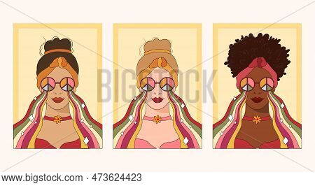 Groovy Hippie Girls Portrait With Rainbow Glasses, 70s Retro Women Face Different Skin Color Options