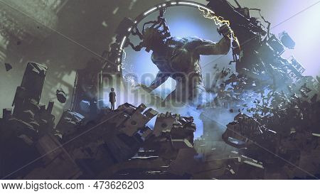 Woman Standing On The Ruins And Looking At The Experimental Giant Trying To Come Out From The Other 