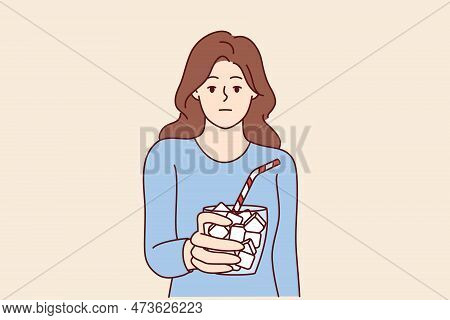 Emotionless Girl Holds Glass Full Of Sugar With Straw Symbolizing Unhealthy Nutrition Leading To Dia