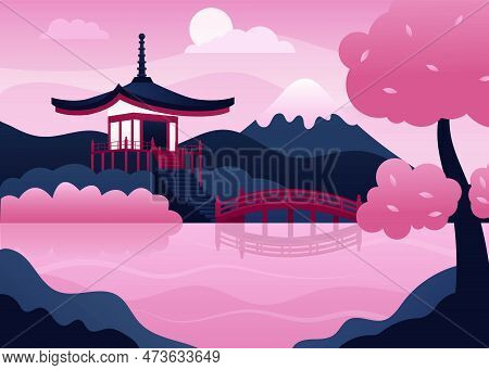 Japanese Landscape. Landscape With Mount Fuji, Japanese Pagoda, Lake And Bridge. Vector Illustration