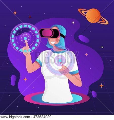 Metaverse Digital Virtual Reality Technology. Woman Use Online Vr Headphones Connect To The Virtual 