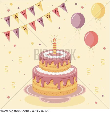 Happy Birthday Greeting Card And Party Invitation With Cake, Flags And Balloons In Hand Drawn Style.