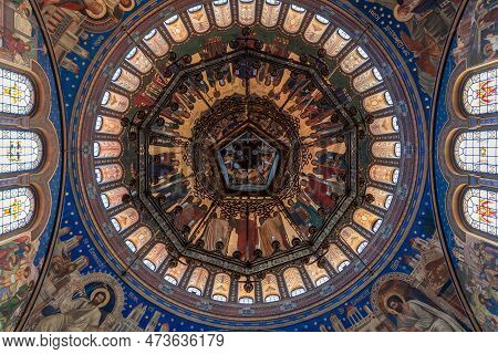 Sibiu - Romania. July 17, 2022: Spectacular Ceiling And Dome Of Romanian Orthodox Holy Trinity Cathe