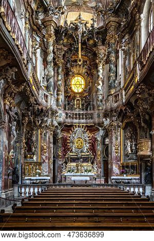 Munich, Germany - Jul 07, 2022: Interior Of The Baroque Asam Church, Asamkirche In Munich, Bavaria, 