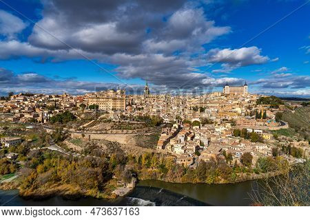Toledo, Spain - Nov 30, 2022: Old City With Its Alcazar, Royal Palace Over The Tagus River Sinuosity
