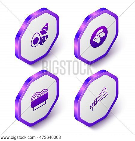 Set Isometric Chicken Egg With Vegerables, Dumpling, Asian Noodles Bowl And Food Chopsticks Icon. Pu
