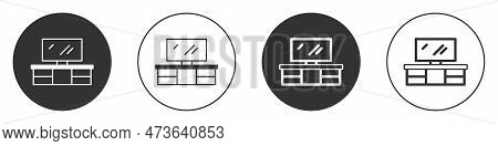 Black Tv Table Stand Icon Isolated On White Background. Circle Button. Vector