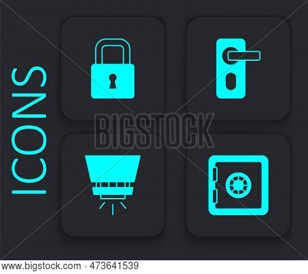 Set Safe, Lock, Fingerprint Door Lock And Fire Sprinkler System Icon. Black Square Button. Vector