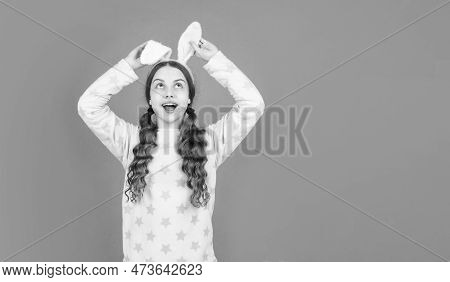 Eastertide. Ready For Party. Happy Childhood. Cheerful Bunny Kid. Copy Space. Happy Easter Holiday