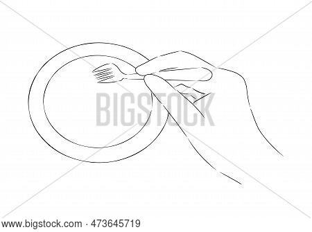 Hand With Fork And Plate, Vector. Hand Drawn Sketch. A Hand Holds A Fork Over A Plate, Dinner.