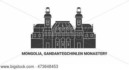 Mongolia, Gandantegchinlen Monastery, Travel Landmark Vector Illustration