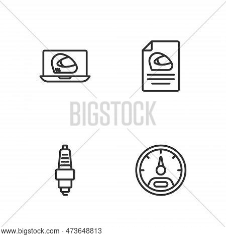 Set Line Speedometer, Car Spark Plug, Racing Helmet And Icon. Vector