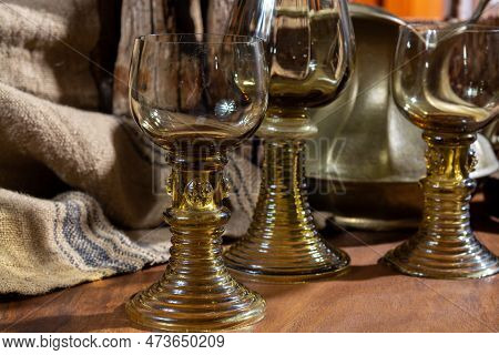 Empty Antique German Glassware, Old Dutch Style Rummer Or Roemer Glasses