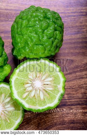 Citrus Hystrix, Kaffir Lime Or Makrut Lime, Citrus Fruit Native To Tropical Southeast Asia. Fruit An