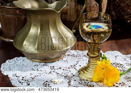 Antique German Glassware, Old Dutch Style Rummer Or Roemer Glasses With White Wine On White Lace Tab