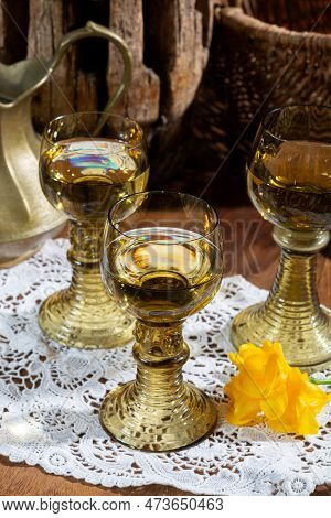 Antique German Glassware, Old Dutch Style Rummer Or Roemer Glasses With White Wine On White Lace Tab