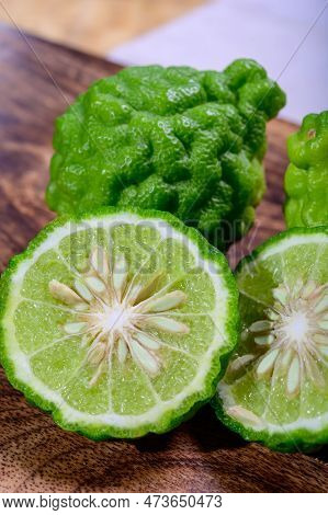 Citrus Hystrix, Kaffir Lime Or Makrut Lime, Citrus Fruit Native To Tropical Southeast Asia. Fruit An