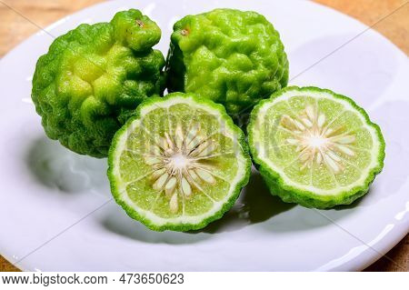 Citrus Hystrix, Kaffir Lime Or Makrut Lime, Citrus Fruit Native To Tropical Southeast Asia. Fruit An