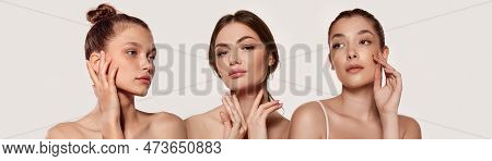 Beautiful, Young Women With Healthy, Well-kept Skin Against Grey Background. Facebuilding. Collage. 