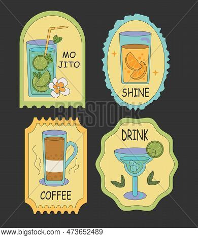 Groovy Stickers Of Drink And Coctails In Glass. Retro Drink Coffe And Majito With Ice And Lime On Bl