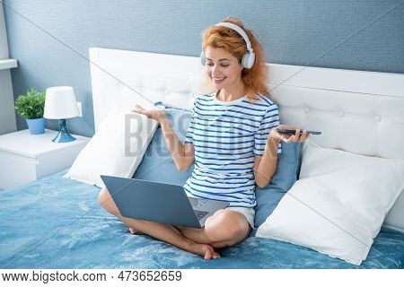 Amazed Woman Freelancer Has Remote Work. Remote Working Woman Freelancer At Home. Freelancer Woman