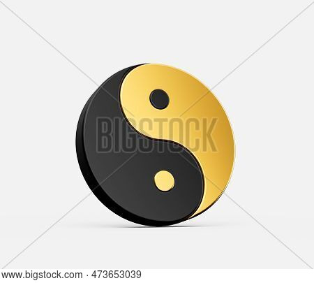 3d Black And Golden Yin And Yang Symbol Of Harmony And Balance On White Background, 3d Illustration