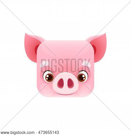 Cartoon Pig Kawaii Square Animal Face, Cute Little Piglet Isolated Vector Farm Character Portrait Wi
