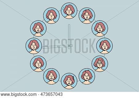 Set Of Woman With Different Emotions On Huge Clock. Collection Of Emotion And Facial Expression Chan