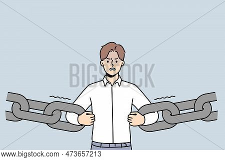 Confident Decisive Businessman Break Chain Get Free From Credit Or Bank Loan. Angry Male Employee Ho