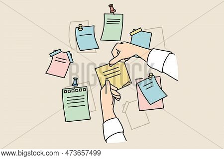 Closeup Of Person Attach Sticky Notes With Pins To Board In Office. Employee Organize Work Plans Usi
