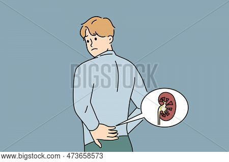 Unwell Man Touch Back Suffer From Kidney Pain Having Stones In Body Organ. Unhealthy Guy Struggle Wi