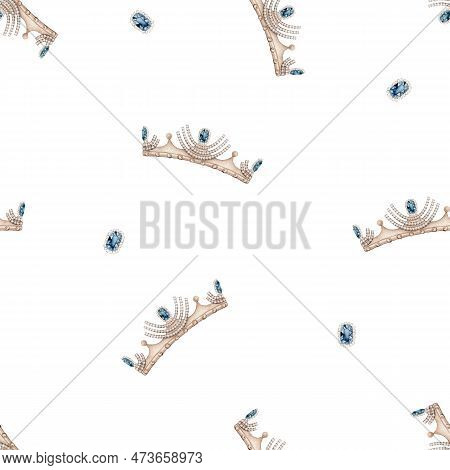 Seamless Pattern Watercolor With Hand Draw Illustration Royal Gold Crown With Precious Stones Sapphi