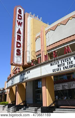 Brea, California - 28 Mar 2023: Vertical Closeup Of The  Edwards Cinemas In Downtow Brea.