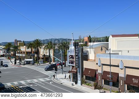 Brea, California - 28 Mar 2023: Overview Of Downtown Brea With The Chop House, The Improv And Edward