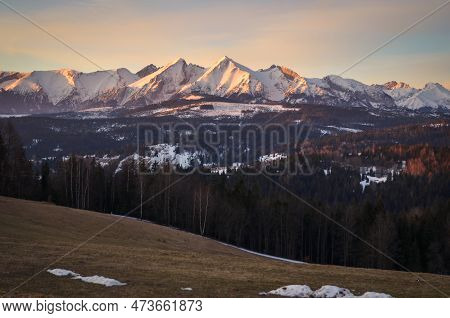 Beautiful Morning Mountain Landscape. View Of The Tatra Mountains From The Polish Village Of Lapszan