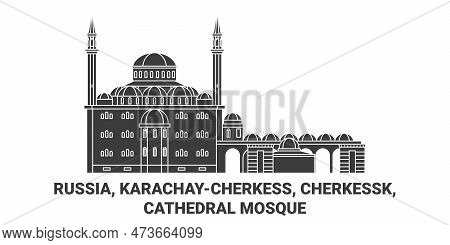 Russia, Karachaycherkess, Cherkessk, Cathedral Mosque Travel Landmark Vector Illustration
