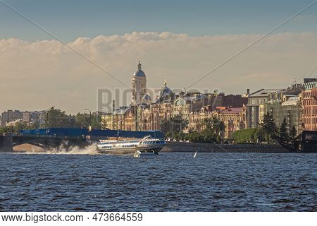 River Neva With Ship Meteor And St. Petersburg In Summer Day