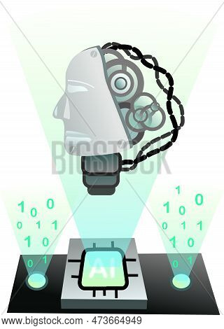 Cyborg Robot Head Illustration With Microchip Under