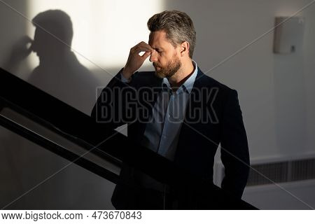 Man With Sinus Headache, Tension Or Cluster Headache, Close Up Portrait. Head Pain Concept. Cephalal