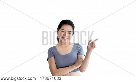 Asian Woman Pointing Finger Inviting Click Here, It Is Recommended To Follow This Direction Or Click