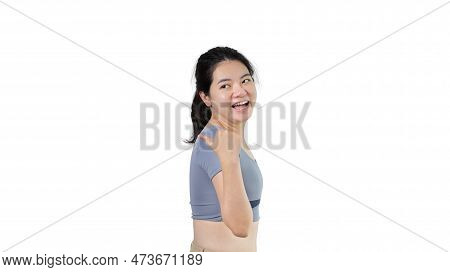 Asian Woman Pointing Finger Inviting Click Here, It Is Recommended To Follow This Direction Or Click
