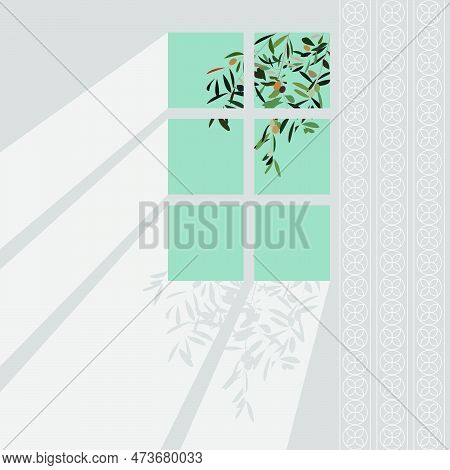 A Window With A Branches Of A Oliva Tree In The Corner Of It. Flat Vector Illustration