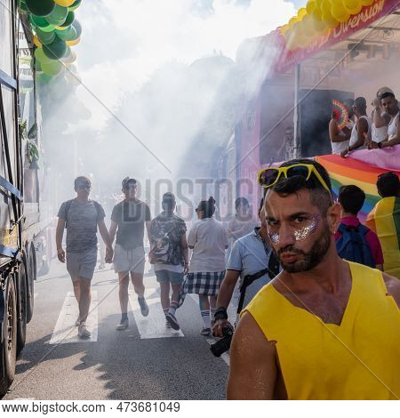 Barcelona, Spain - June 25, 2022: Pride 2022 Celebration. Preparations For The Departure Of The Para