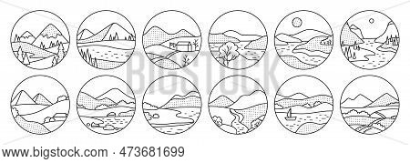 Nature Field Landscape Scenery Four Seasons Round Doodle Sticker Set. Abstract Nature Monthly Trendy