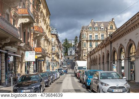 Wiesbaden, Germany - March 26, 2023: View To Historic Saalgasse - Engl Hall Street In Wiesbaden. The