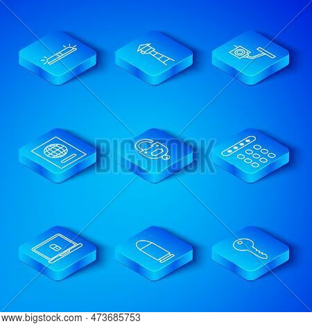 Set Line Laptop And Lock, Lock Key, Bullet, Password Protection, Security Camera, Passport, Flasher 