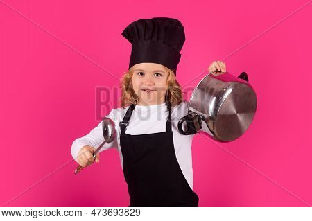 Fynny Kid Chef Cook With Cooking Pot And Ladle. Child Cooking, Little Chef Prepares Food. Kid Boy In