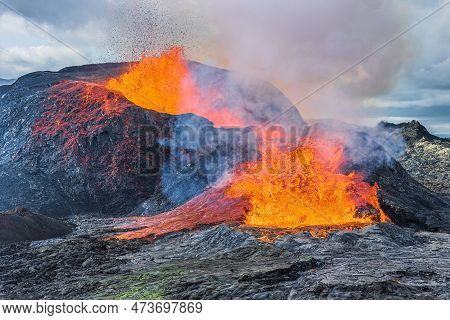 Volcanic Landscape On The Reykjanes Peninsula. Lava Flows From The Volcanic Crater. Active Volcano I