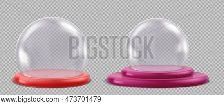 3d Empty Red Snowball With Glass Dome. Isolated Pink Magic Globe Sphere Vector Set On Transparent Ba